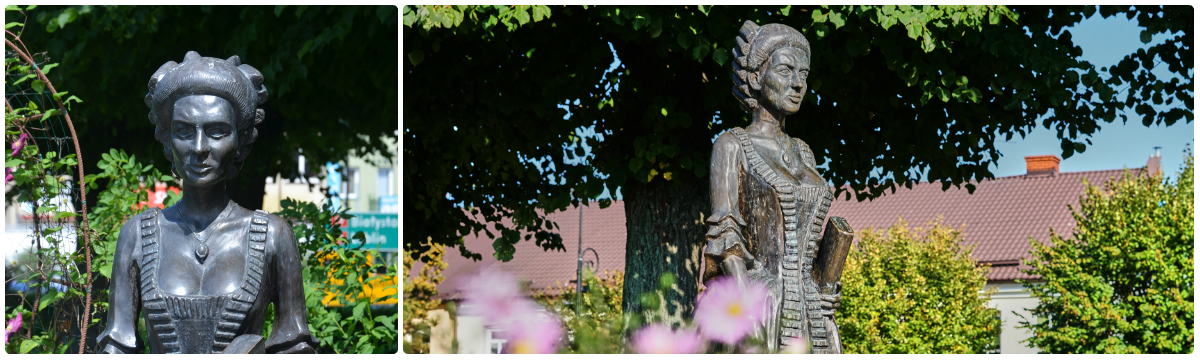 Kolaż dwóch zdjęć przedstawiających posąg księżnej Anny z  Sapiehów Jabłonowskiej na Placu Jana Pawła II w Siemiatyczach
