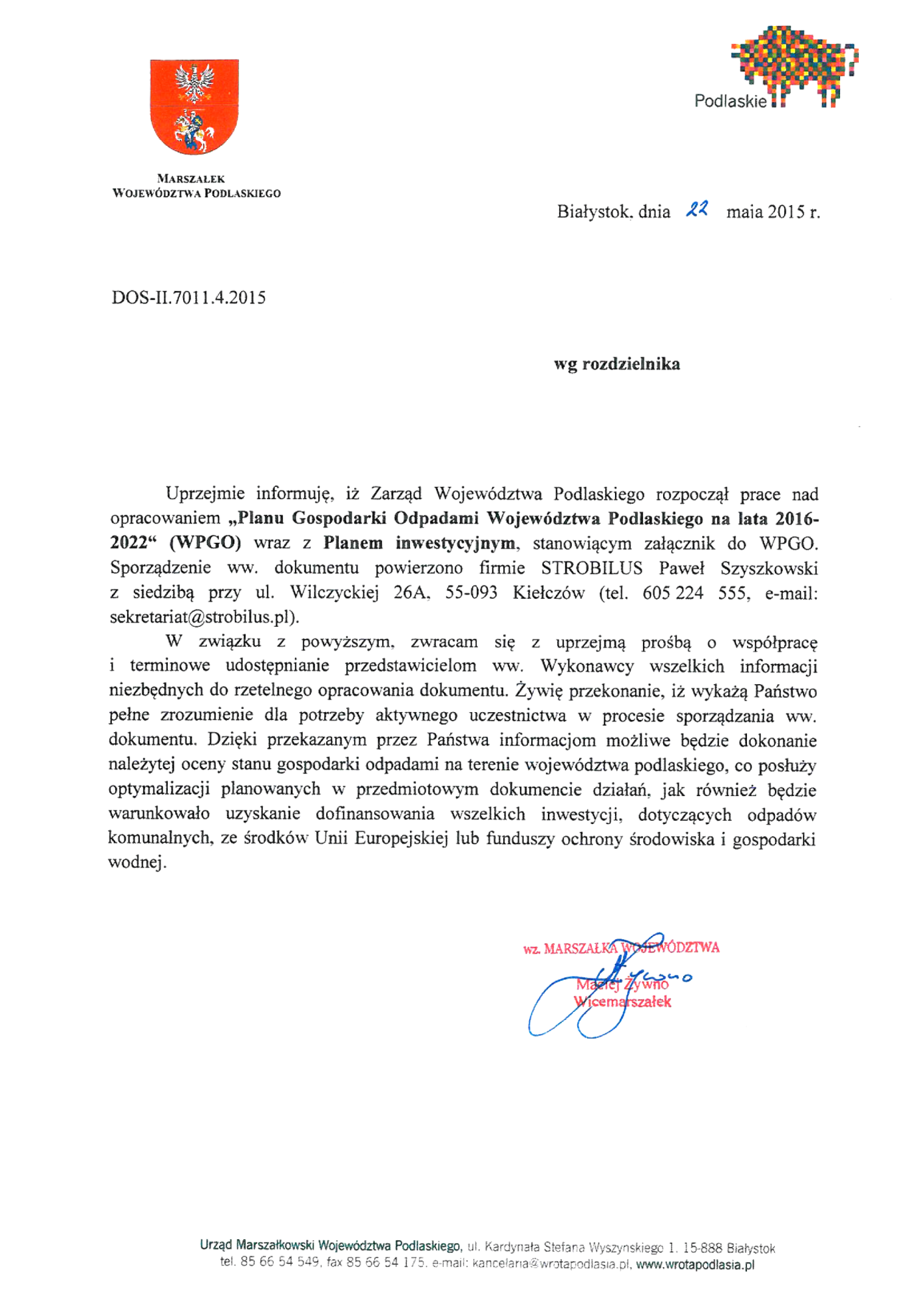 Pismo z Urzędu Marszałkowskiego