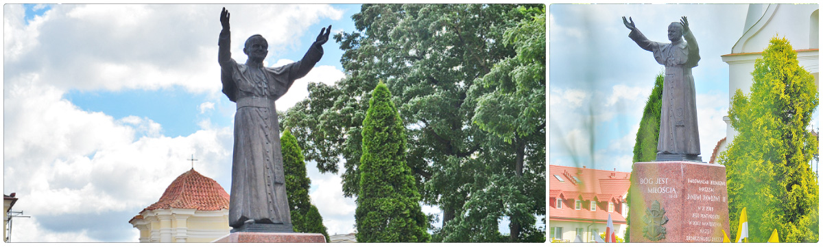 Kolaż dwóch zdjęć przedstawiających pomnik Jana Pawła II